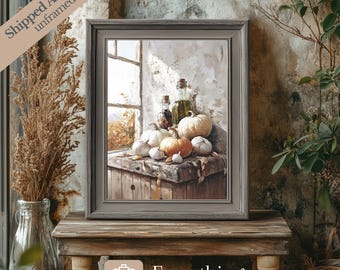 Rustic Autumn Still Life Art Print: Pumpkin & Olive Oil