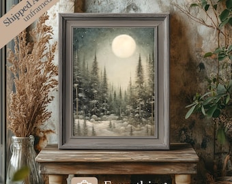 Vintage Winter Woodland Art Print: Snowy Forest Moonlit Painting
