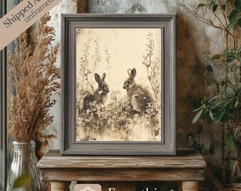 Vintage Bunny Print, Antique Spring Easter Farmhouse Wall Decor
