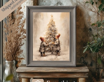 Vintage Christmas Tree Print: Children Decorating, Winter Scene