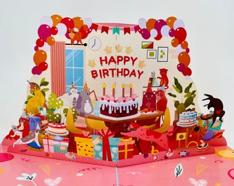 3D Cat Birthday Pop Up Card: Handmade Laser Cut Greeting, Handmade Nostalgic Gift