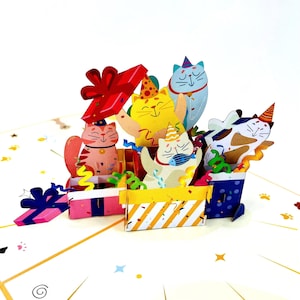 Cats Gift Party WOWPOP CARD – 3D Pop Up Cat Birthday Card, Handmade Feline Greeting Card, Cute Gift for Cat Lovers, Special Celebrations