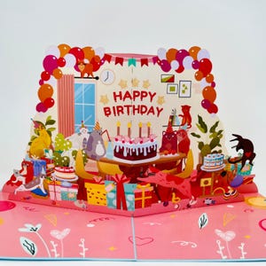 Meowday Bash WOWPOP CARD, 3D Pop Up Card Urodziny, Rocznica, Gratulacje, Codziennie, Miłośnik zwierząt, Zwierzę, Miłość, Dziękuję, 6x8"