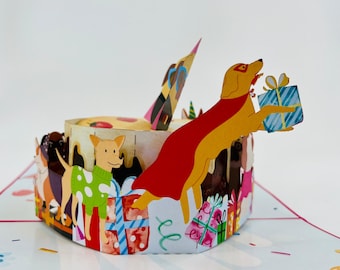 Tarjeta desplegable 3D para fiesta de cachorros: Tarjeta de felicitación de cumpleaños de perro cortada con láser