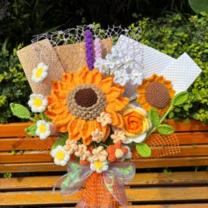 Crochet Flower Bouquet, Sunflower, Rose, Graduation Gift, Handmade Finished Gift for Her, Mom, Wife, Birthday or Anniversary Present