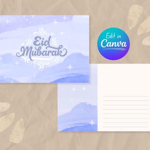 Carte postale Eid Mubarak aquarelle étoilée bleu clair / modèle d'invitation, édition sur toile, téléchargement numérique, carte de voeux imprimable de l'Aïd al-Adha