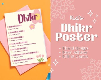 Rosa Floral Dhikr Poster für Mädchen - Islamische Erinnerungen, Canva Vorlage (Digitaler Download)