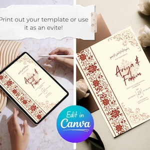 Muslim Cream and Maroon Floral Wedding Invitation Template 5x7 Digital Nikkah or Walima Editable Canva Printable Muslim Wedding Evite