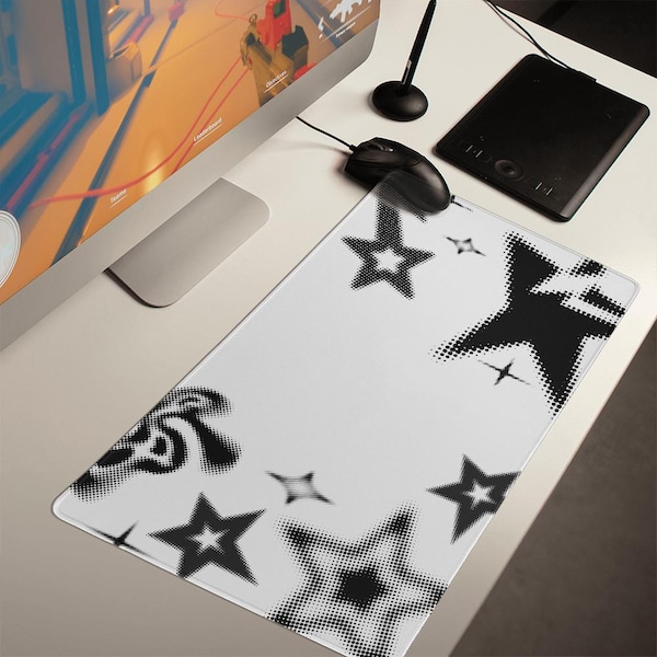 Y2K Iconic Rockstar Starstruck Black and White Star Gaming Desk Office Mat