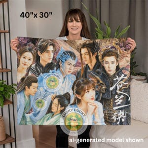 May include: A rectangular tapestry measuring 40 inches by 30 inches featuring a multi-character illustration from a fantasy drama. The artwork displays several individuals in traditional attire with intricate details, soft lighting, and white Chinese calligraphy.