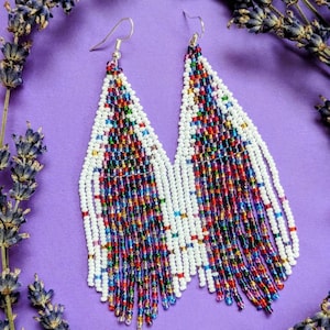 Rainbow Seed Bead Fringe Earrings: Colorful Boho Statement Jewelry
