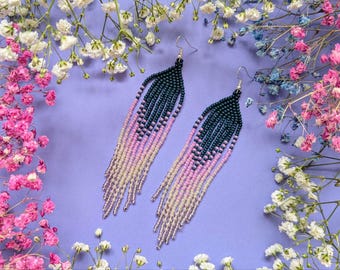 Pink and Dark Green Ombre Beaded Fringe Earrings, Long Boho Statement Earrings, Handwoven Beadwork with Sterling Silver Hooks