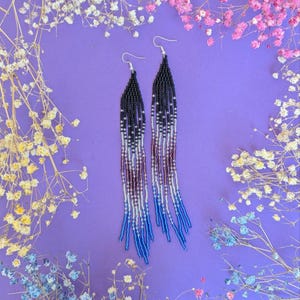 Very long beaded earrings Gradient drop earrings Handmade earrings in boho style Earrings with fringe Earrings in black, purple and silver