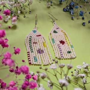 Cream Beaded Dangle Earrings: Geometric Design, Gift Packaging
