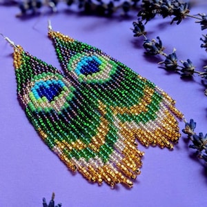 Peacock Feather Beaded Earrings: Sterling Silver Boho Fringe