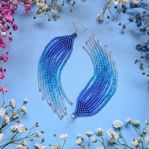 Boho Beaded Fringe Earrings: Long Blue Gradient Seed Beads