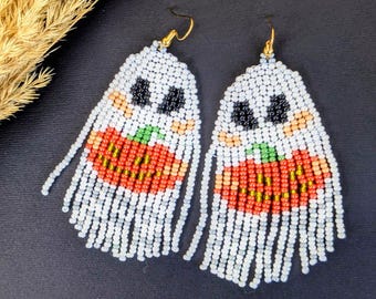 Halloween Ghost Earrings with Pumpkin – Beaded Earrings, Sterling Silver Hooks, Handmade Fringe Jewelry, Gift for Her
