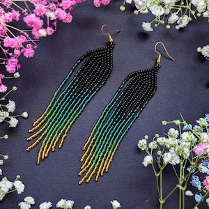 Turquoise bead earrings Long bead earrings Shiny earrings Gradient earrings Turquoise chandelier earrings Bead earrings Fringe earrings