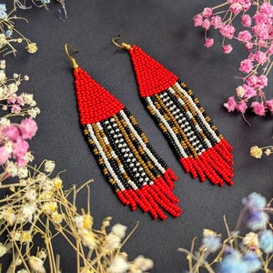 Abstract Beaded Earrings: Red, Black, Beige Boho Jewelry