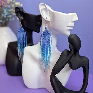 Blue bead earrings Long bead earrings Shiny earrings Gradient earrings Blue chandelier earrings Bead earrings Fringe earrings