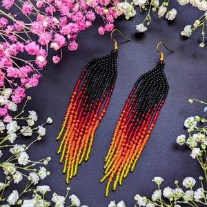 Handmade Flame Beaded Chandelier Earrings: Black, Red, Orange, Yellow