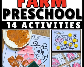 May include: A set of educational materials titled FARM PRESCHOOL 14 ACTIVITIES. The image displays a pig coloring sheet with brown paint and pink paper, a cow-themed roll and cover game with yellow tokens, and alphabet matching cards with barns.
