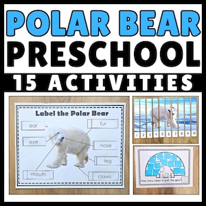 Puede incluir: Una hoja de trabajo imprimible para niños de preescolar con una ilustración en blanco y negro de un oso polar con etiquetas para diferentes partes del cuerpo, como la oreja, el ojo, el pelaje, la nariz, la pata, la boca y las garras. La hoja de trabajo es parte de un conjunto de 15 actividades para niños de preescolar sobre osos polares.