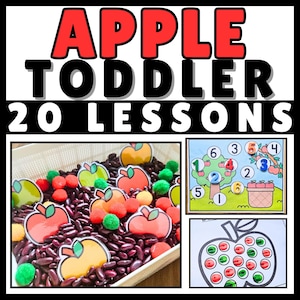 May include: Educational toddler activity set with the text "APPLE TODDLER 20 LESSONS". The set includes a tray with red beans, apple cutouts, and colorful pom-poms, along with apple-themed counting and matching activities.