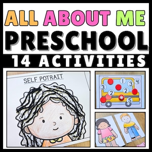 May include: A colorful educational resource titled "All About Me Preschool 14 Activities." The image features a self-portrait drawing, a number matching game with a bus, and paper dolls. The text is in orange, pink, green, and black.