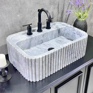 Gray Natural Marble Sink , Grooved Front, Wall Mounted Sink , Hand Carved Sink, Gray Modern Vessel Basin, Luxurious Rectangular Washbasin
