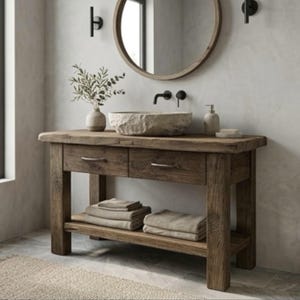 Mobile da bagno in legno di quercia recuperato da fienile – Mobiletto da bagno rustico in stile fattoria, realizzato a mano