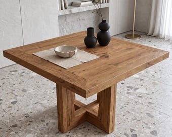 Reclaimed Oak Square Dining Table, Chunky Pedestal Table, Organic Modern Home