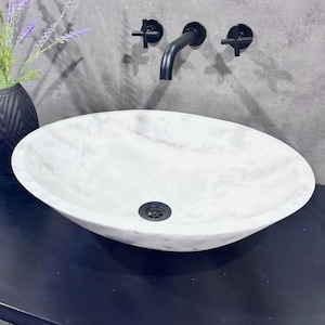 Natural Stone White Marble Oval Shape Basin Counter Top Bathroom Sink Handcrafted, Luxury Vessel Sink Farmhouse, Modern & Rustic Home Decor