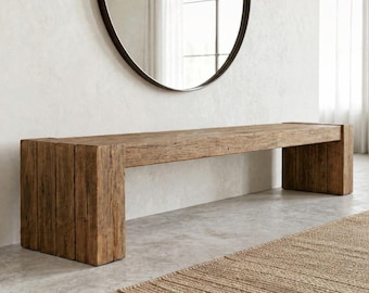 Quiet Luxury Reclaimed Oak Bench, Long Organic Modern Entryway Seat for Hallway Decor
