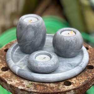 Grey Tealight Candle Holder Stone Set with Centerpiece Tray - Marble Home Decor Gift (4 Pieces)