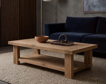 Mesa de centro Quiet Luxury em carvalho recuperado com prateleira, estilo moderno e orgânico para sala de estar.