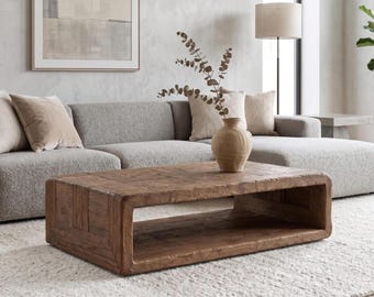 Architectural Reclaimed Oak Coffee Table, Parquet Top and Open Shelf for Modern Interiors