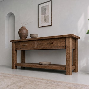 Extra Long Narrow Console Table | Reclaimed Oak Entryway Table with Drawers and Shelf