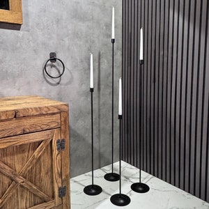 Floor Metal Black Candle Holder Set of 4  - Tall Wrought Iron Candlestick Holder Farmhouse Bathroom Accessories