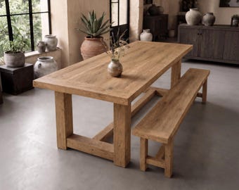 Handcrafted Heritage Oak Dining Table with Optional Bench, Organic Modern Furniture