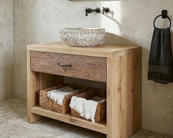 Zurückgeforderter Eichen-Badezimmerschrank, handgefertigter Holzschrank für Spa-Badezimmer-Aufbewahrung