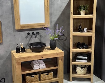 Reclaimed Oak Wood Bathroom Vanity and Storage Cabinet Set, Rustic Farmhouse Furniture