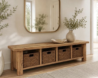 Reclaimed Oak Storage Bench, Wabi Sabi Entryway Seat with Open Compartments