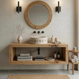 Organic Modern Oak Floating Vanity - Handgefertigte Badezimmer Konsole mit offener Ablage