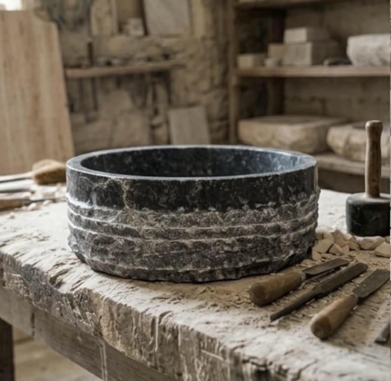 Hand Carved Marble Vessel Sink – Organic Modern Stone Basin image 1