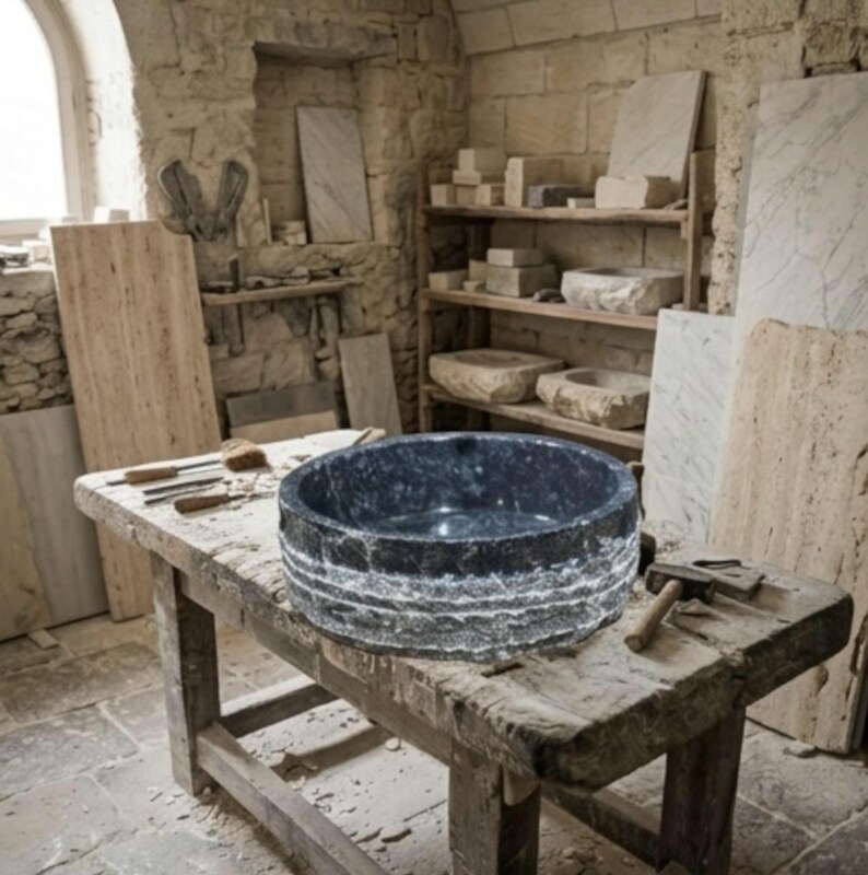 Hand Carved Marble Vessel Sink – Organic Modern Stone Basin image 14
