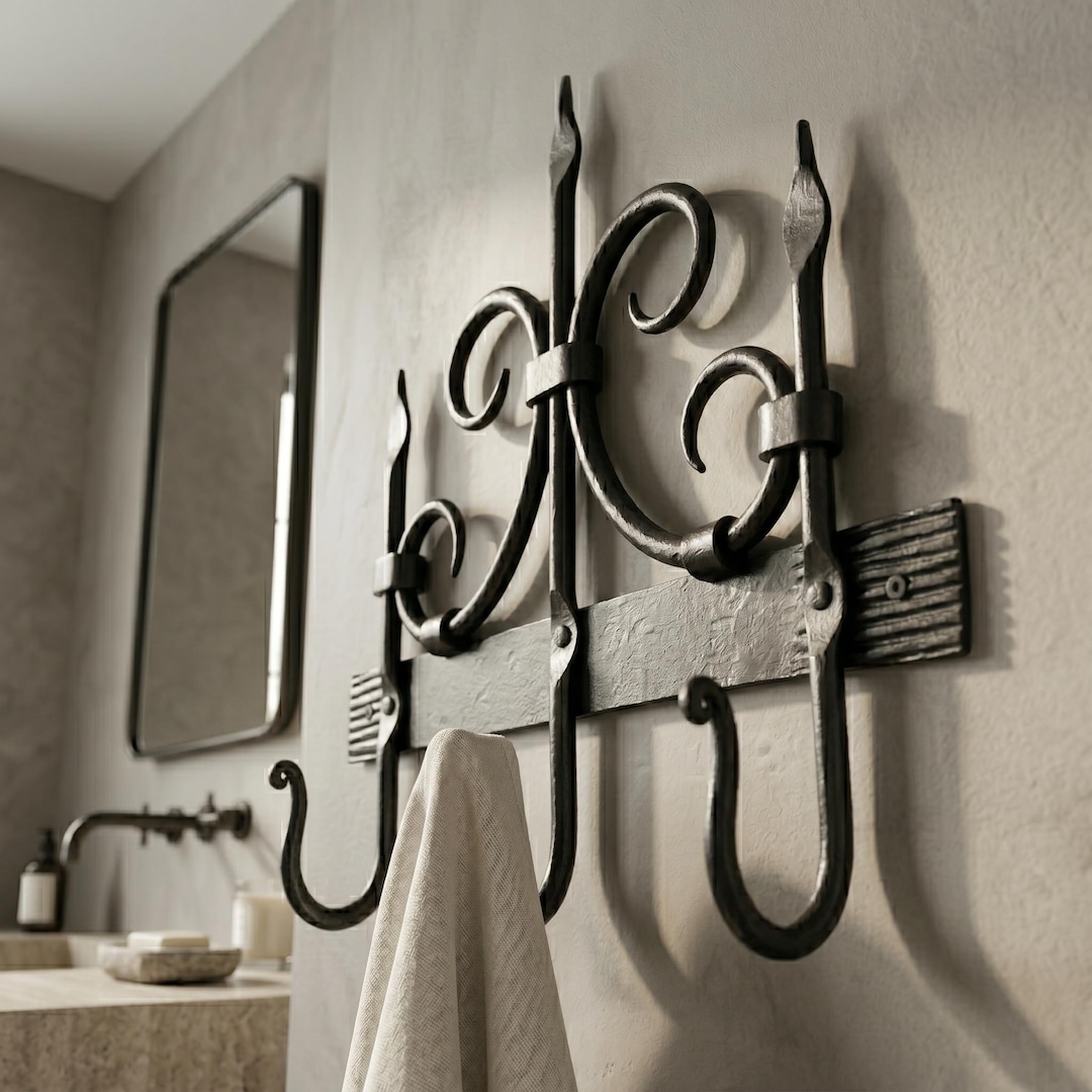 Wrought Iron Towel Hook Rack, Handmade Blacksmith Bathroom Wall Hanger ...