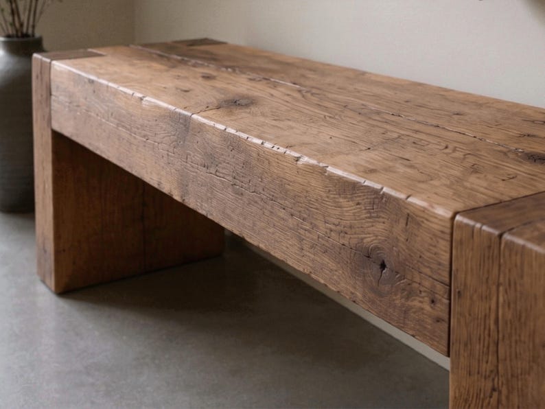 Chunky Reclaimed Oak Bench, Organic Modern Entryway Seat for Quiet Luxury Homes Decor image 17