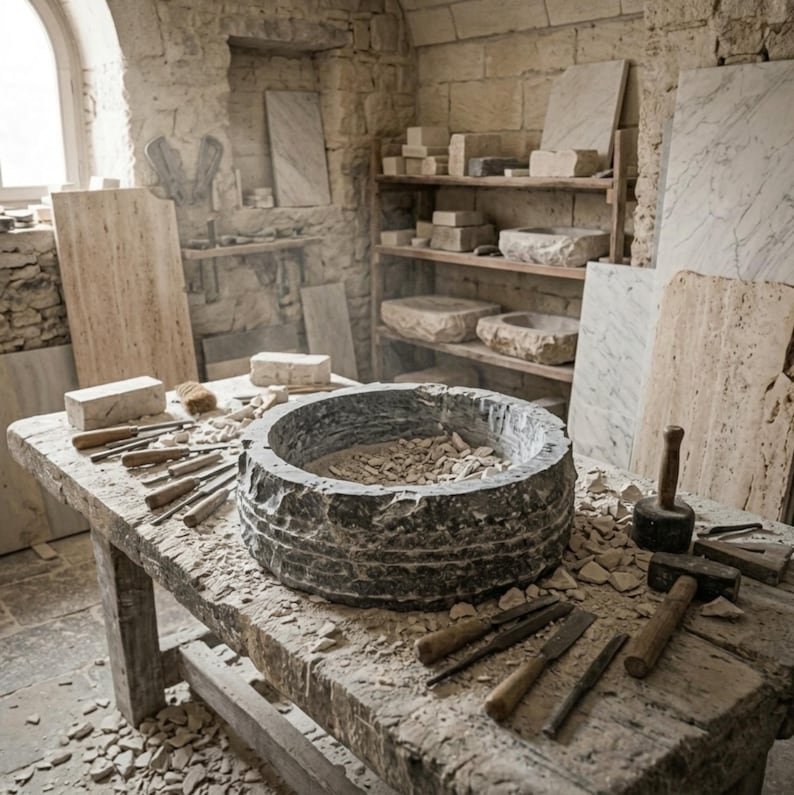 Hand Carved Marble Vessel Sink – Organic Modern Stone Basin image 11