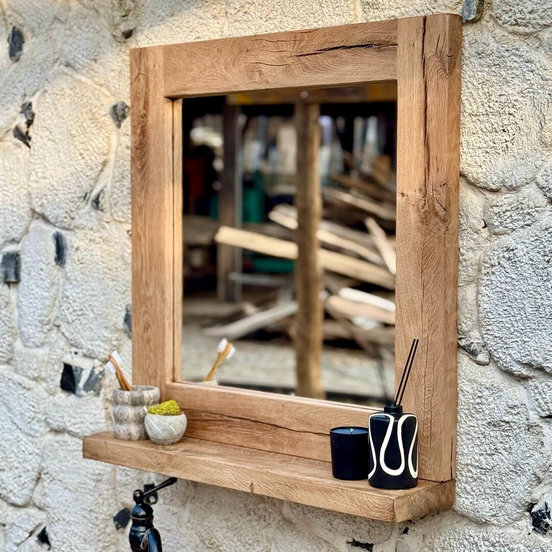 Oak Rustic Bathroom Mirror With Shelf, Reclaimed Wood Frame Mirror for ...